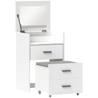 HOMCOM Coiffeuse en Bois avec Miroir Rabattable, 2 Tiroirs et Tabouret, 50x40x113.5 cm, Blanc(m-6)