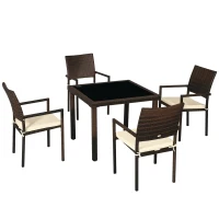 Outsunny Conjunto de Jardim Refeição de Vime Sintético com 5 Peças Mesa com Bancada de Vidro e 4 Cadeiras Marrom(m-10)