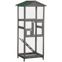 PawHut Cage à oiseaux volière en bois massif grande taille 2 portes toit asphalte tiroir amovible 68 x 63 x 165 cm gris(m-12)
