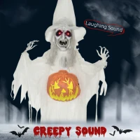 HOMCOM 6ft Outdoor Halloween Decoration Witch with Pumpkin, Hanging Skeleton Witch Prop Life Size with Sound and Motion Activated, Light Up Eyes, Laughing Sound, Posable Arms, White(m-4)