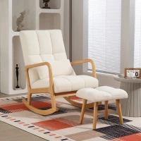 HOMCOM Fauteuil à bascule avec repose-pieds, revêtement en polaire, dossier haut, pieds en bois, patins, Blanc(m-4)