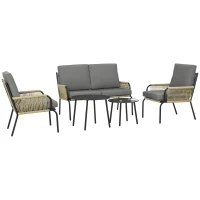 Outsunny Salon de jardin en résine tressée modulable 4 pers. 5 pièces avec 1 canapé 2 fauteuils et 2 tables basses rondes sable(m-1)