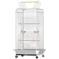 PawHut Cage pour Perroquets avec Roulettes Perchoirs Mangeoires et Plateau Amovible Volière pour Cacatoès Perruches 79x73x146 cm Gris clair(m-1)