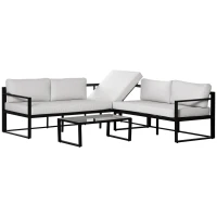 Outsunny Conjunto de Muebles de Jardín 3 Piezas de Aluminio Juego de Muebles con Mesa de Vidrio Sofá de 5 Plazas con Respaldo Ajustable y Cojines Extraíbles 206x68x62 cm Negro y Gris(m-10)