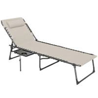 Outsunny Transat Pliable et Inclinable à 5 Niveaux avec Table Latérale et Poche, 60x190x31 cm, Crème(m-6)
