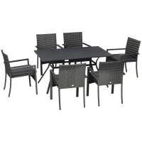Outsunny Conjunto de Refeição de Jardim em Vime Sintético Conjunto de 7 Peças Inclui 6 Cadeiras com Almofadas e Mesa de Metal Cinza(m-10)