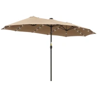 Outsunny Ombrellone da Giardino Doppio 4.5m con 48 Luci LED e Manovella, Cachi(m-1)