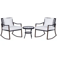 Outsunny Gartenmöbel-Set für 2 Personen, 2 Schaukelstühle, 1 Tisch, inkl. Polster, Braun + Weiß(m-1)