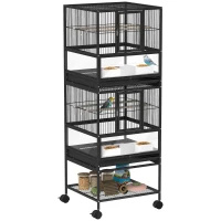 PawHut Gaiola para Pássaros de 2 Níveis com Rodas Painéis Acrílicos Comedouros Prateleira Bandejas Amovíveis  48x46x134,5 cm Preto(m-10)