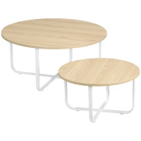 HOMCOM Juego de 2 Mesas de Centro Ø65x32 cm y Ø45x26 cm con Encimera de Madera y Patas de Metal Natural y Blanco(m-1)