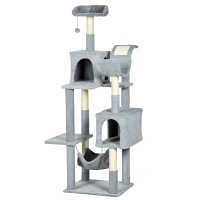 PawHut Copac pentru Pisici de Interior Turn de Catarat pentru Pisici Stalpi de Zgariat Covoare Hamac Perne Minge de Jucarie Gri accesorii animale feline sala de gimnastica pisoi lounge mobila sufragerie(m-11)