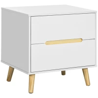 HOMCOM Table de Chevet Moderne avec 2 Tiroirs en Panneau de Particules et Pieds en Bois de Pin, 50Lx40Px50.5H cm, Blanc(m-6)