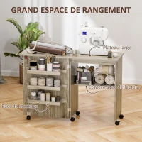 HOMCOM Table de couture pliante meuble couture à abattant avec bacs de rangement, étagère ouverte et roulettes effet bois grisé(m-5)