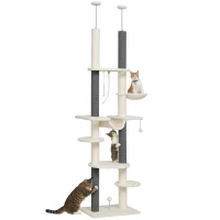 PawHut Árbol para Gatos de Suelo a Techo 225-255 cm con Hamacas Plataformas Juguete de Cuerda Bola de Juguete Crema y Gris(m-10)