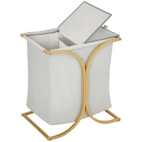 HOMCOM Portabiancheria a 2 Cesti con Coperchio in Bambù e Poliestere, 55x40x62 cm, Grigio e color Legno(m-1)