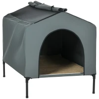 PawHut Casa para Cães com Cobertura Exterior Cama Elevada com Almofada Acolchoada e Janelas de Malha 110x75x87 cm Cinza(m-10)