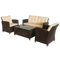 Outsunny Set Mobili da Giardino 4 Pezzi in Rattan PE e Tavolino, Divano e Poltrone Imbottiti Marrone e Beige 124x68x76cm(m-1)
