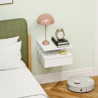 HOMCOM Table de Chevet Suspendue pour Chambre à Coucher avec Tiroir et Étagère en Bois, 35x32x22.5cm, Blanc(m-4)