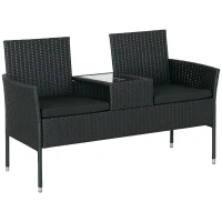 Outsunny Canapé de Jardin 2 Places avec Table Basse, en Acier et Rotin PE, 137x59x82 cm, Noir(m-5)