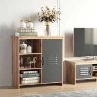 HOMCOM Meuble Polyvalent avec Étagères et Placard en Bois avec Porte en Métal, Meuble pour Salon et Cuisine, 80x35x82cm, Marron Gris(m-2)