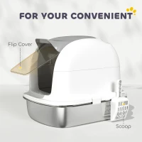 PawHut Stainless Steel Cat Litter Box with Lid, for Cats, Enclosed Cat Litter Box with Flip Cover, Scoop(m-7)