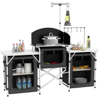 Outsunny Cucina da Campeggio Pieghevole a 3 Piani con 5 Ripiani Interni e 4 Ganci, 172x48x119 cm, Nero(m-1)
