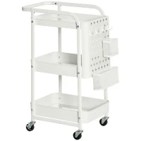 HOMCOM Carrito Auxiliar con Ruedas Carro de Almacenaje Multifuncional con 4 Ganchos y 2 Cestas Colgantes 51,5x32x75,6 cm Blanco(m-1)