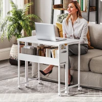HOMCOM Bureau Pliant Gain de Place à Rabat avec Étagère, Pochette de Rangement et Roues, Blanc(m-4)