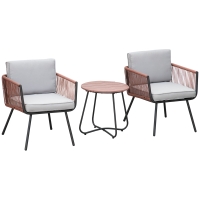 Outsunny Conjunto de Muebles de Jardín de Ratán 3 Piezas Incluye 1 Mesa y 2 Sillones con Cojines Acolchados Teca y Gris