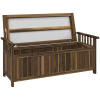 Outsunny Banc de Jardin en Bois pour Deux Personnes, Banc de Jardin Résistant aux Intempéries avec Rangement Accoudoirs 128,5 x 56 x 53,5 cm, Charbon de Bois(m-1)