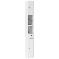 HOMCOM Colonne de Salle de Bain Gain de Place avec 2 Armoires, 3 Étagères Ouvertes et Tiroir, en Bois, 20x20x178 cm, Blanc(m-6)