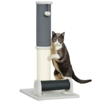 PawHut Poste Rascador para Gatos Arañador de Sisal con Cepillo de Auto Acicalado y Bola de Juguete 40x48x85 cm Gris y Crema(m-10)