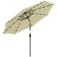Outsunny Sombrilla Terraza Exterior Ø265 cm Sombrilla de Jardín con 32 Luces LED Solares Poste de Acero y Manivela Parasol Inclinable para Patio Terraza Beige(m-10)