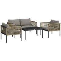 Outsunny Conjunto de Jardim de Vime Sintético de 4 Peças Inclui 1 Sofá Duplo 2 Cadeiras e Mesa de Centro com Almofadas Madeira e Cinzento(m-10)