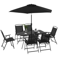 Outsunny Conjunto de Jardim Refeição de 8 Peças com 6 Cadeiras Dobráveis Mesa e Chapéu de Sol Inclinável Preto(m-10)