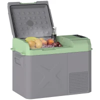 Outsunny Réfrigérateur de Camping 24,2 Litres, Réfrigérateur de Voiture, Glacière avec Lumière LED, Adaptateurs AC et DC, Fonctionnement Silencieux, Gris+Vert(m-6)