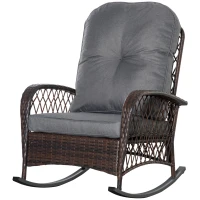 Outsunny Rocking-Chair Rembourré avec Boutonnière Rotin en PE Acier Marron + Gris(m-1)