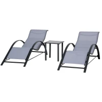 Outsunny 2 Chaises Longues de Jardin 59x169x66 cm avec Table Basse 41x41x45 cm en Verre Accoudoirs pour Patio Piscine Terrasse Gris(m-1)