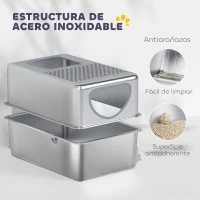 PawHut Arenero para Gatos de Acero Inoxidable XL Arenero con Pala Aberturas Dobles Fácil de limpiar Plata(m-4)