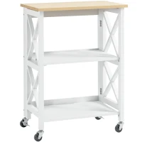HOMCOM Chariot de service desserte de cuisine à roulettes pliante avec 2 étagères, plan de travail en bois hévéa - 60 x 40 x 84 cm - blanc(m-1)