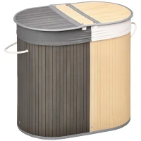 HOMCOM Cesto de Roupa de Bambu Capacidade de 100L com Tampa Rebatível e 2 Compartimentos 62,5x37x60,5cm Cinza e Madeira(m-10)
