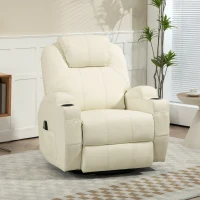 HOMCOM Fauteuil relax avec fonction de massage, dossier réglable, pivotant, jusqu'à 150 kg, simili cuir, Blanc crème(m-2)