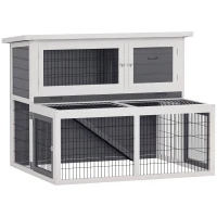 PawHut Hasenstall 2 Ebenen mit klappbar Dach Kaninchenstall aus Vollholz Winterfest Doppelstockhaus 122x95x93,5 cm Grau(m-11)