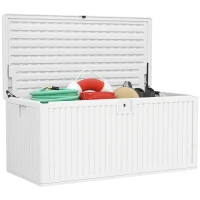 Outsunny Cufăr de Exterior de 140L Impermeabil cu Design Canelat și 2 Pistoane cu Gaz, 140x68x68 cm, Alb(m-1)