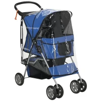 PawHut Passeggino per Cani Piccoli Pieghevole con Copertura Antipioggia, Ruote Girevoli e con Freni, Blu(m-1)
