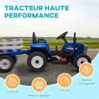 HOMCOM Tractor electric cu remorcă detașabilă, pentru copii de la 3 la 6 ani cu telecomandă MP3 muzică afișaj lumini(m-3)
