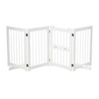 PawHut Hunde Absperrgitter Türschutzgitter mit 2 Stützfüßen, klappbares Schutzgitter mit Konfigurationsgitter, umkehrbarer Tür, 4 Stücke, Kiefernholz Weiß 215 x 38 x 75 cm(m-1)