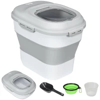 PawHut Contenedor de Comida para Perros 25L con Ruedas Taza Medidora Cuenco Plegable y Cuchara Gris(m-1)