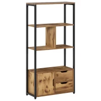 HOMCOM Bibliothèque Style Industriel 3 étagères Placard Porte 2 tiroirs Panneaux Particules Aspect Vieux Bois Acier Noir(m-1)
