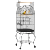 PawHut Jaula de Pájaros con Ruedas Jaula de Aves Exterior con Bandeja Extraíble Rejilla 2 Cuencos Percha 51x51x153 cm Negro(m-10)